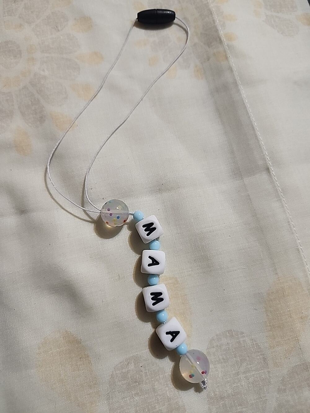Beaded Car Charm For Rear View Mirror MAMA White & Blue Handmade Ornament